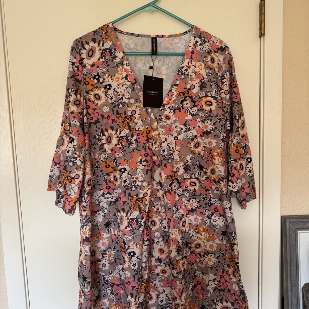 Orange Pink Floral Relaxed Tunic Dress